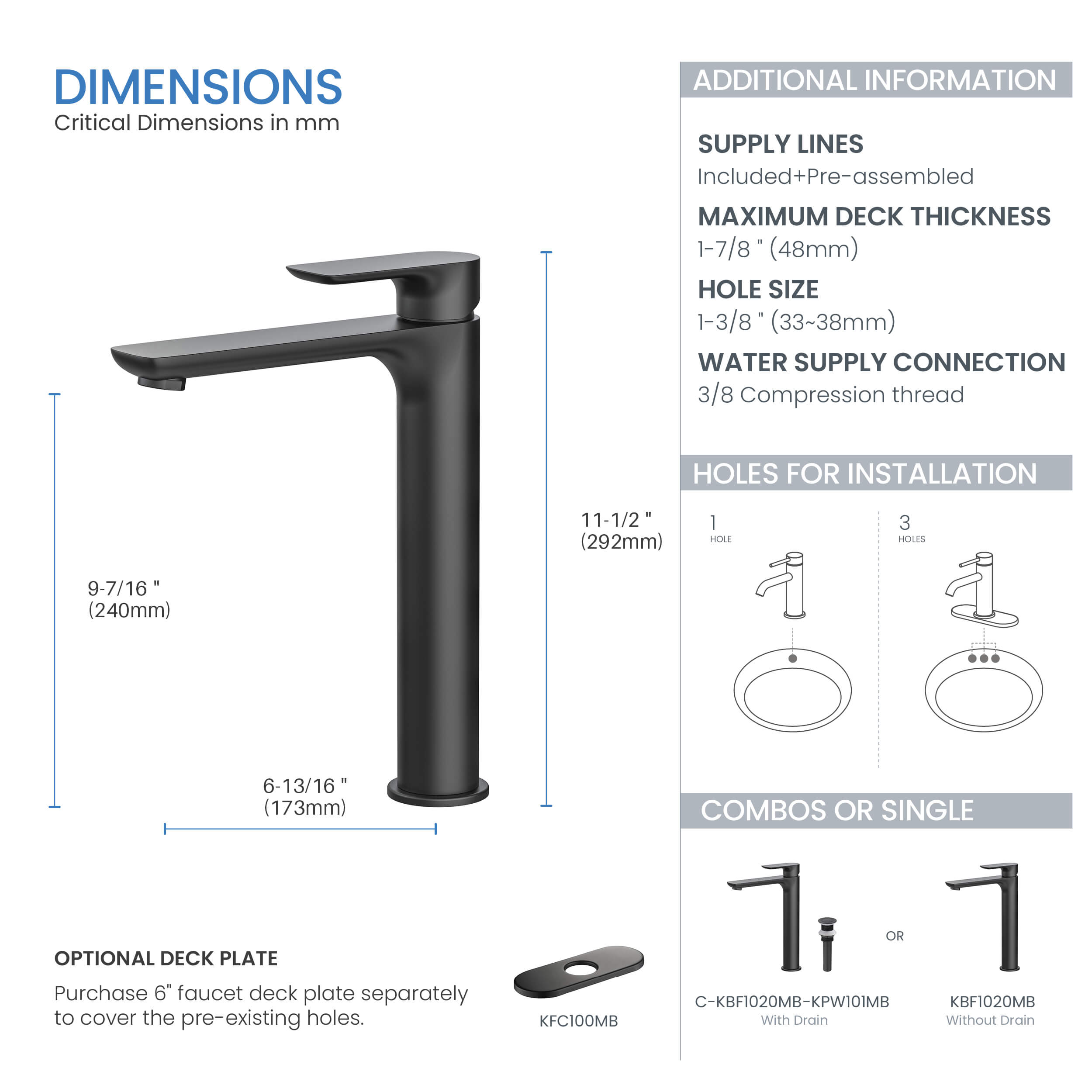 Tender-T Single Handle Bathroom Vessel Sink Faucet with Pop Up Drain C-KBF1020-KPW101