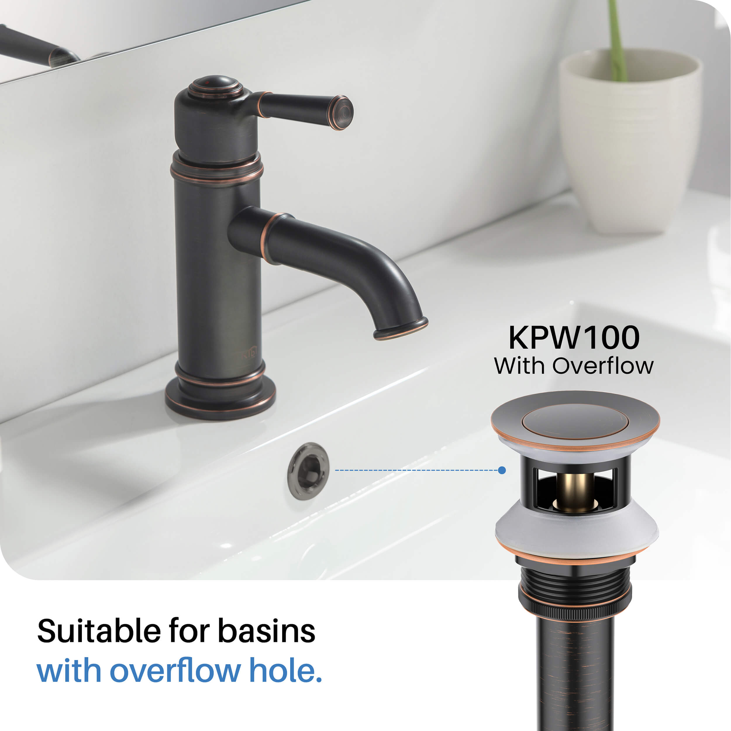 Pop Up Drain Stopper for Bathroom with Overflow KPW100