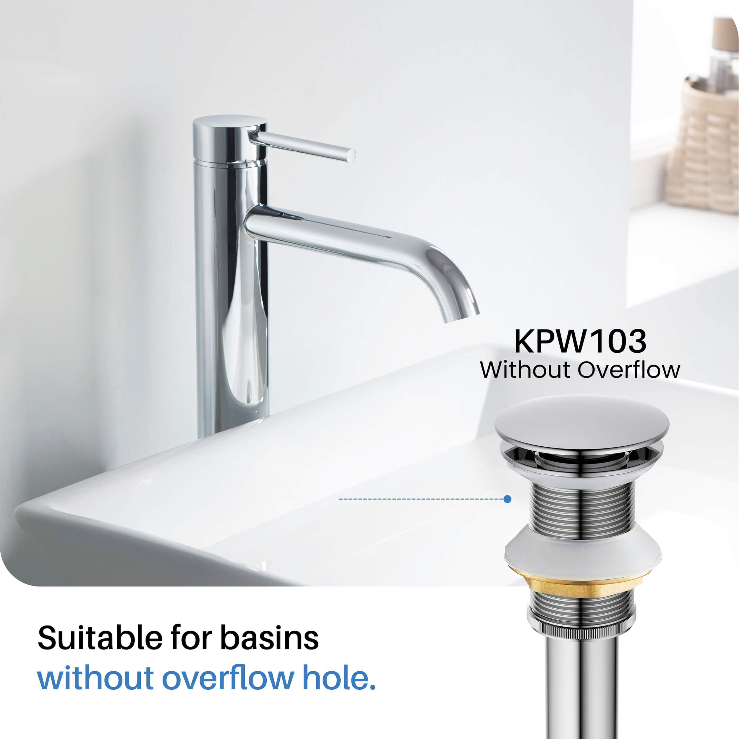 Pop Up Drain Stopper for Bathroom without Overflow KPW103