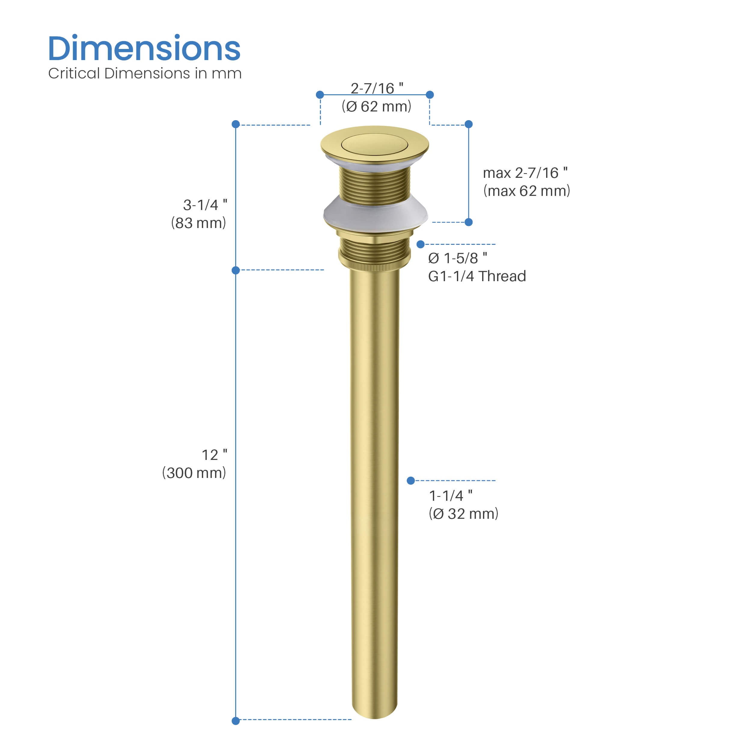 Bathroom Sink Pop Up Drain Stopper with 12" tailpiece, without Overflow KPW105