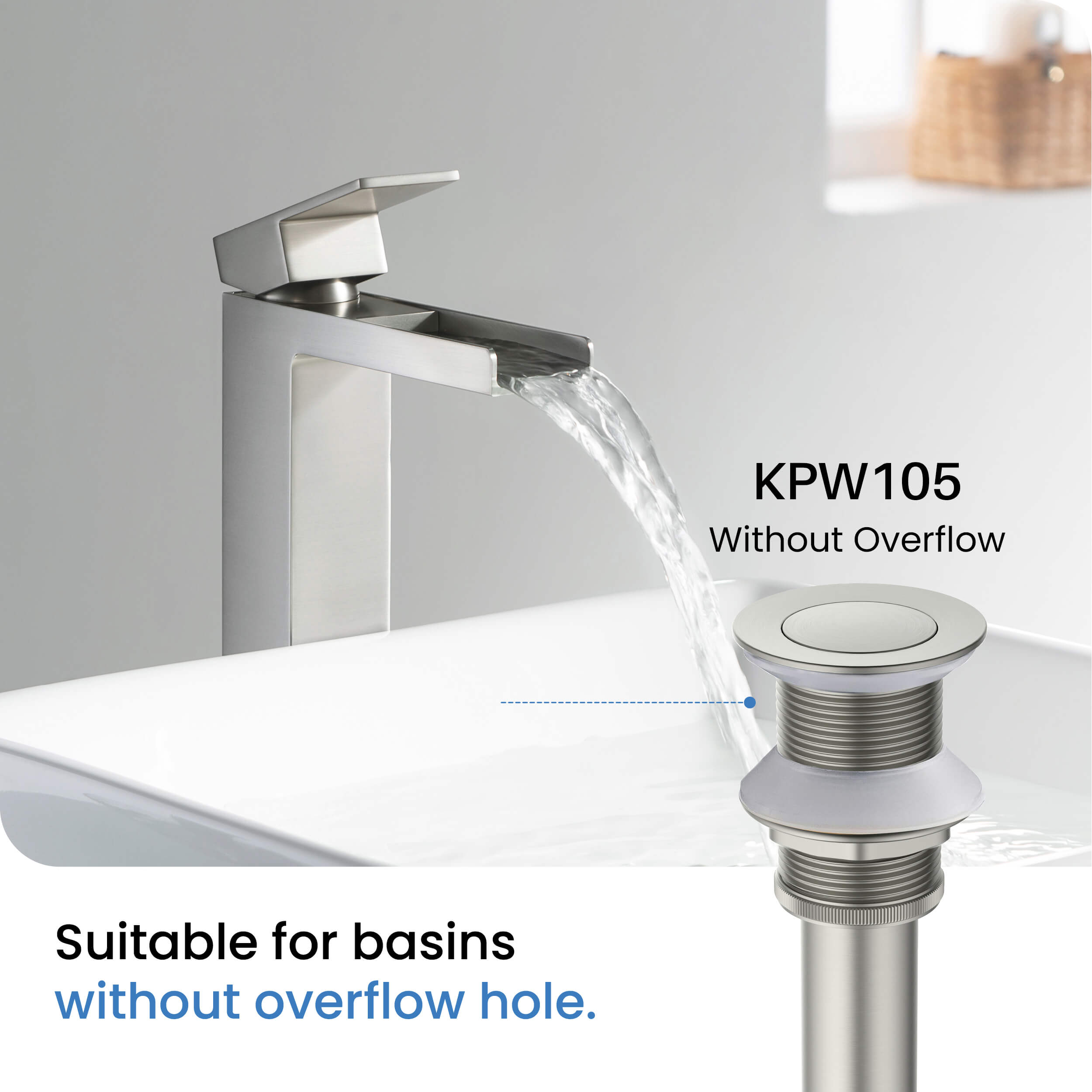 Bathroom Sink Pop Up Drain Stopper with 12" tailpiece, without Overflow KPW105