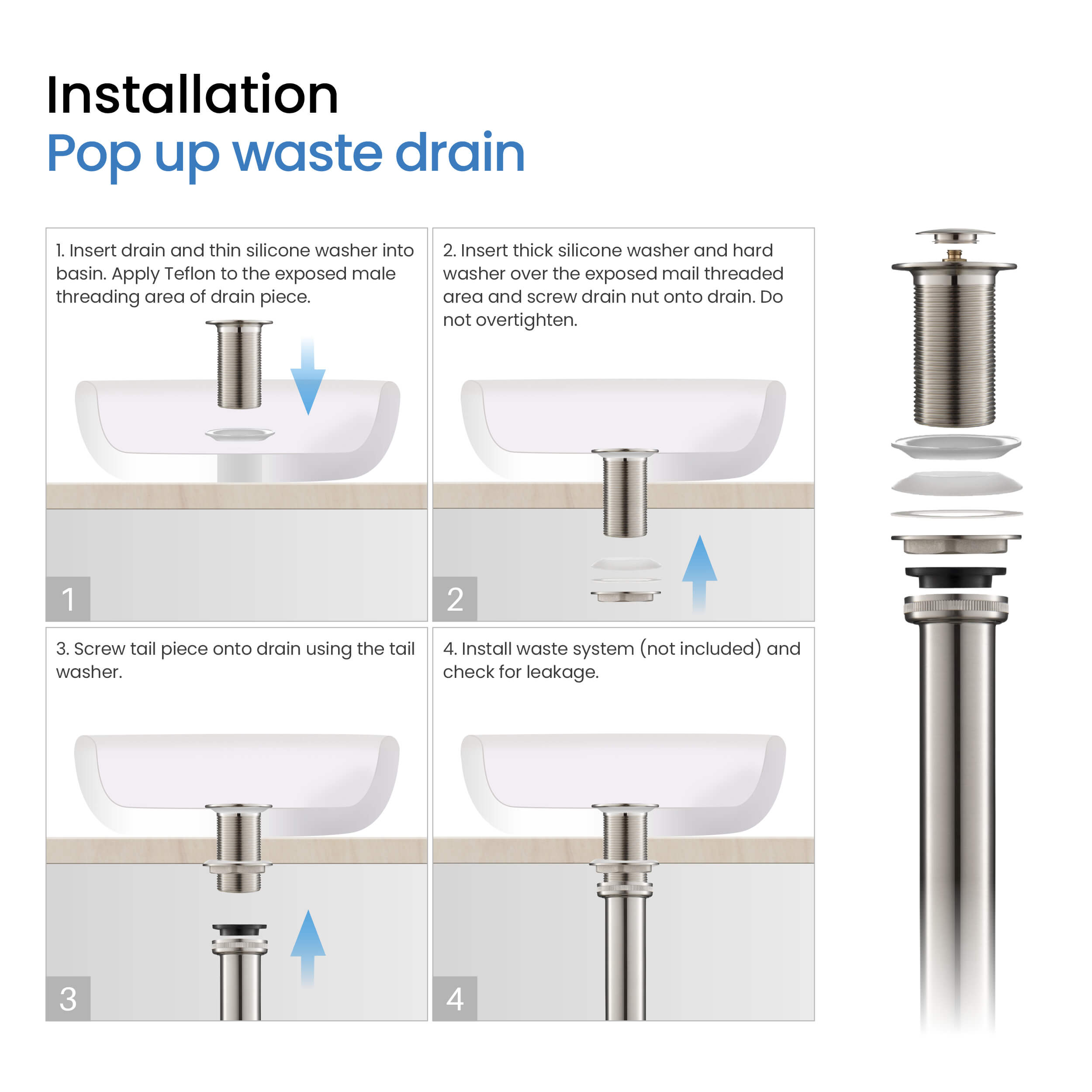 Bathroom Sink Pop Up Drain Stopper with 12" tailpiece, without Overflow KPW105