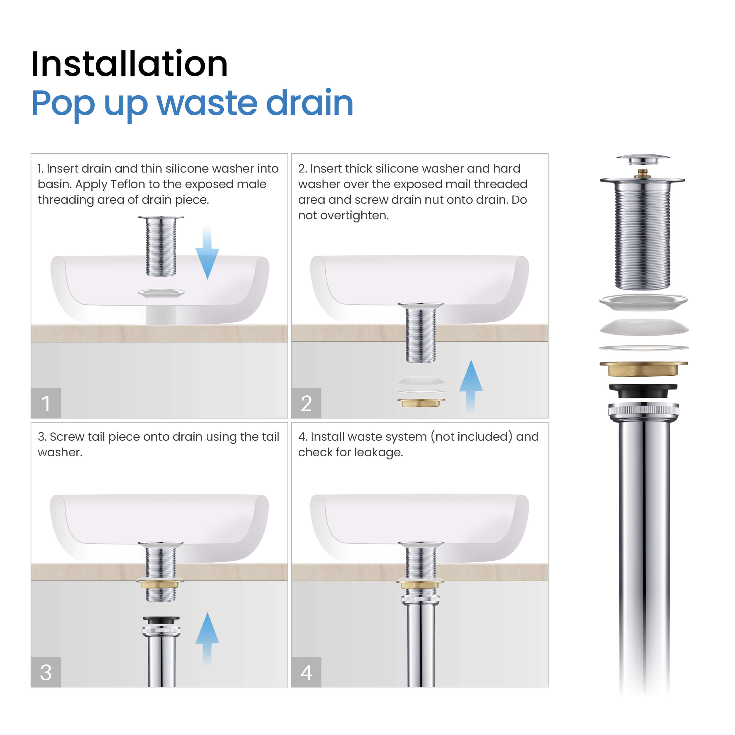 Bathroom Sink Pop Up Drain Stopper with 12" tailpiece, without Overflow KPW105