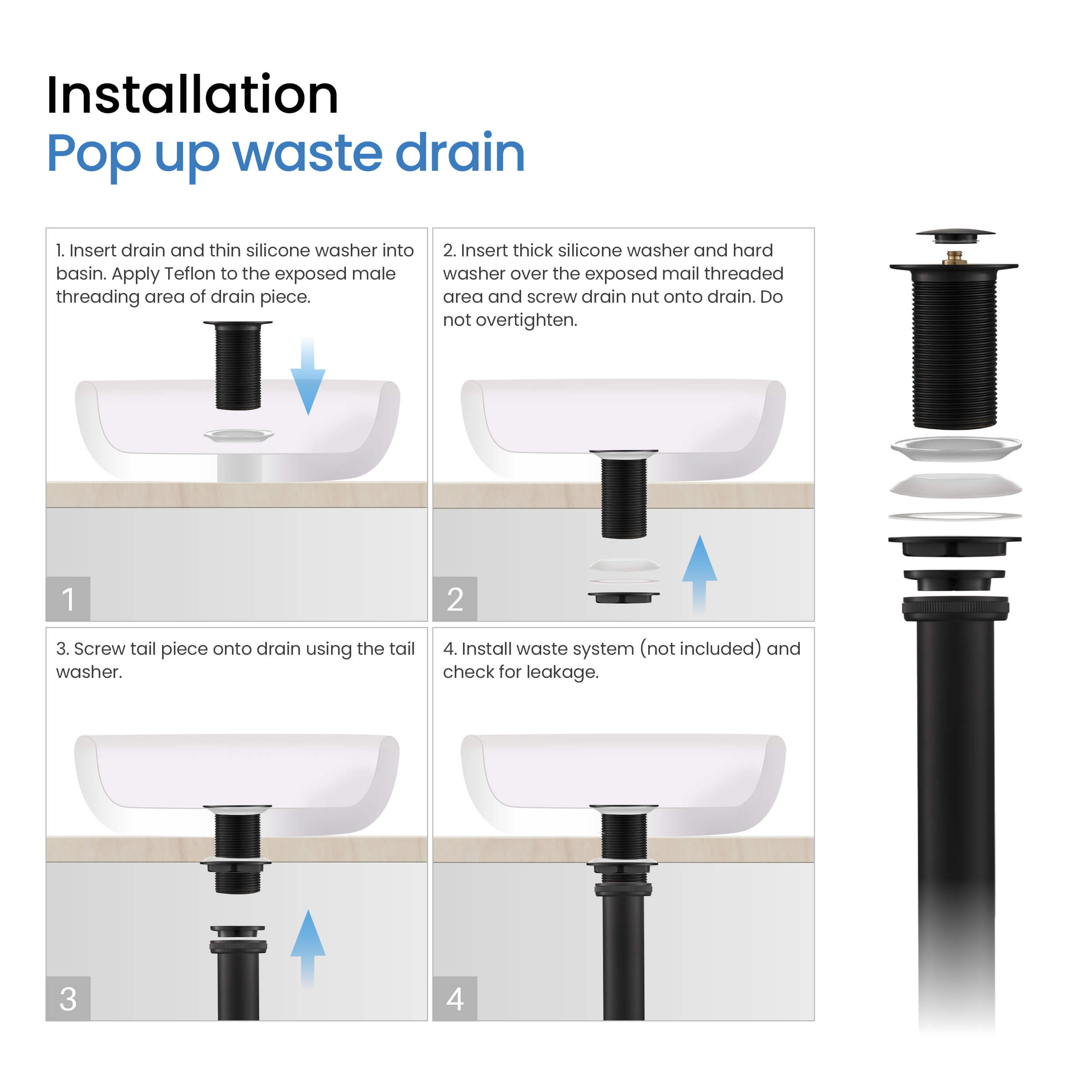 Bathroom Sink Pop Up Drain Stopper with 12" tailpiece, without Overflow KPW105