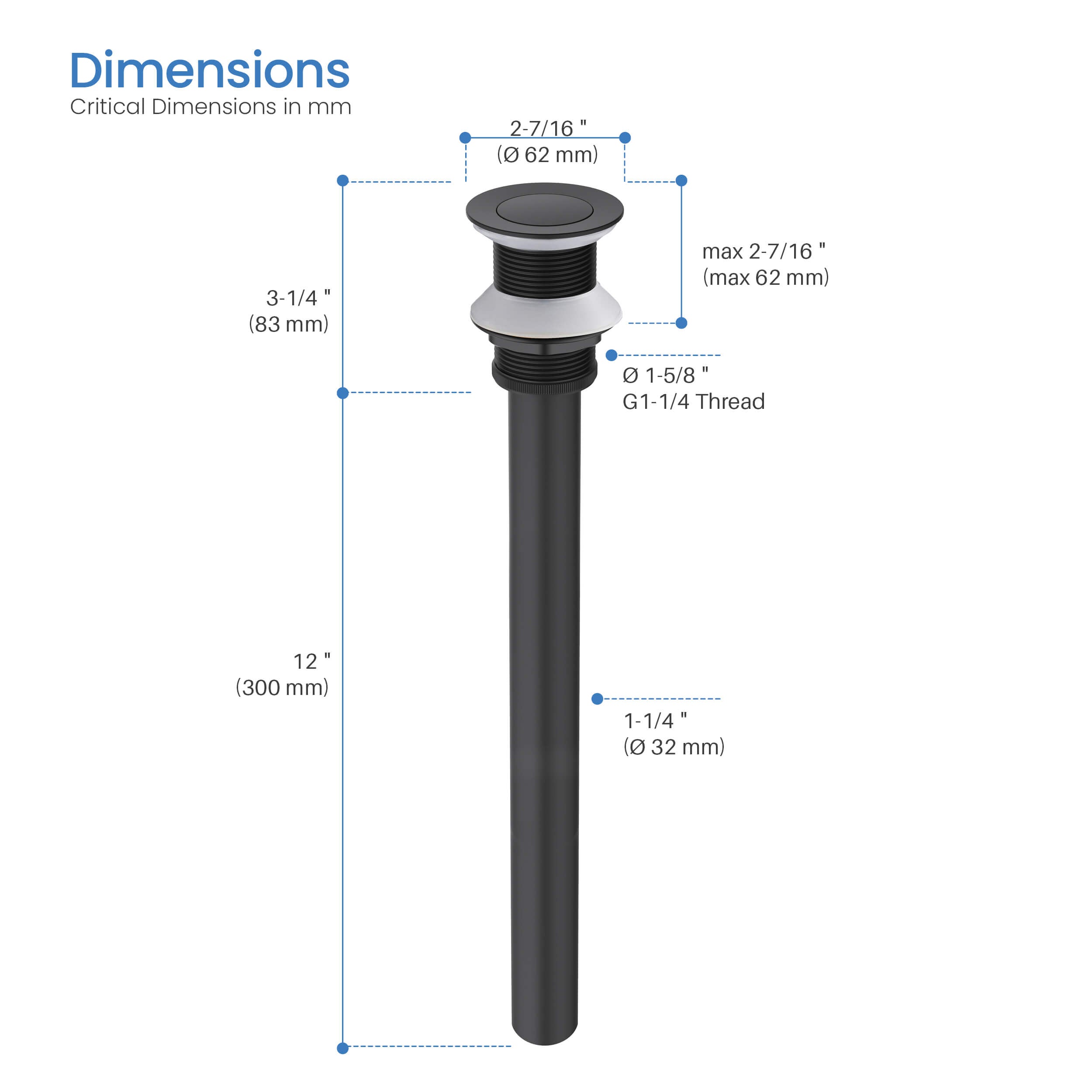 Bathroom Sink Pop Up Drain Stopper with 12" tailpiece, without Overflow KPW105