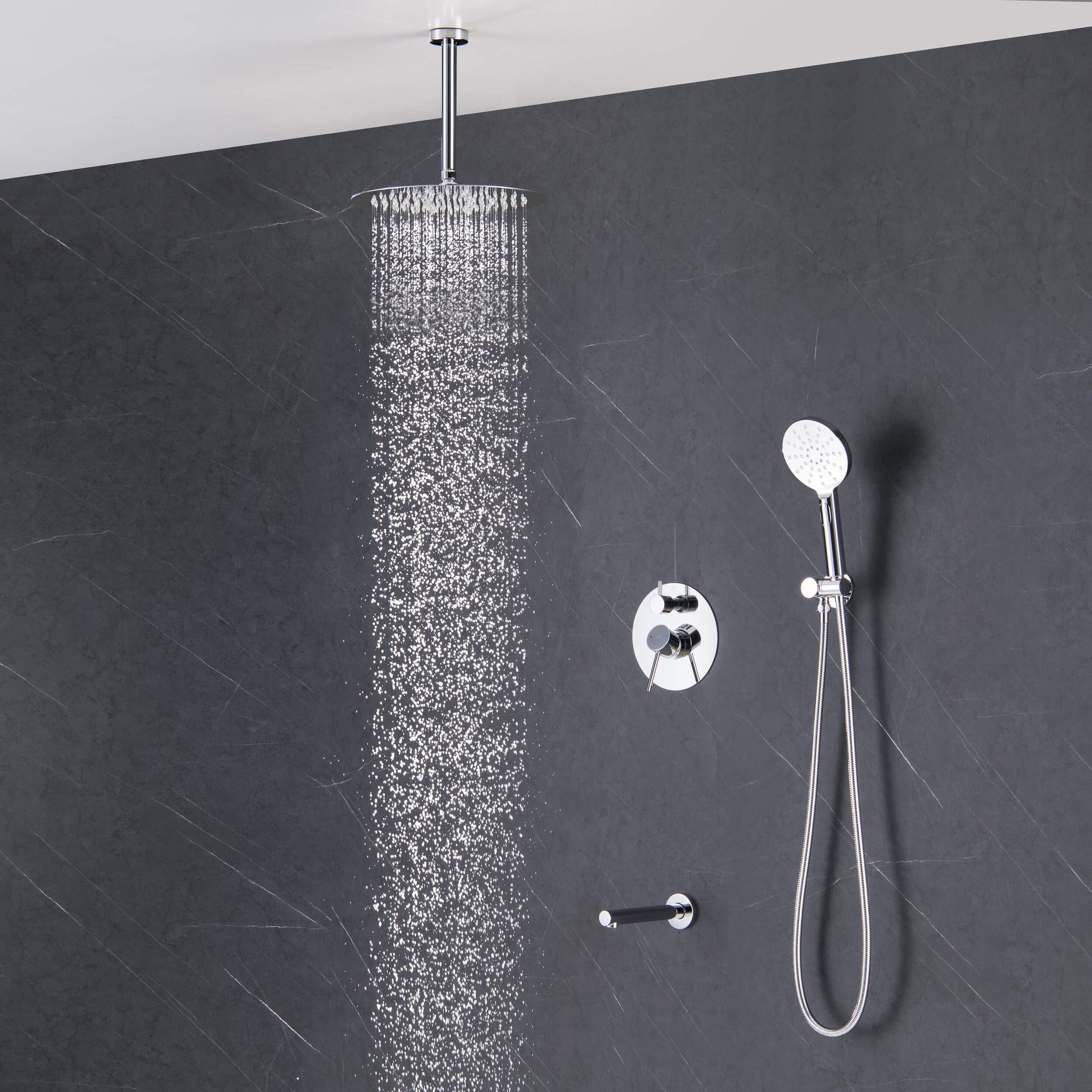 Circular Pressure Balanced Ceiling Mounted 3-Function Shower System with Rough In Valve - KSF409