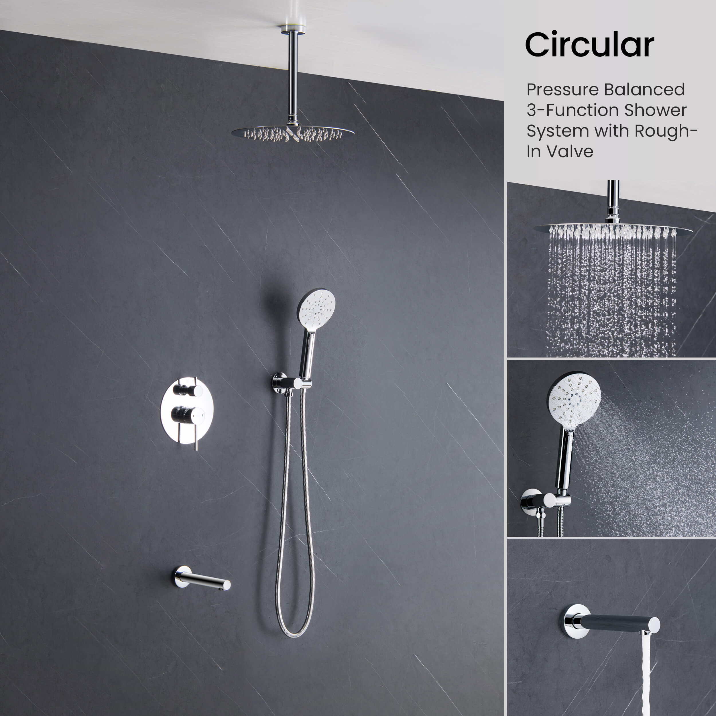 Circular Pressure Balanced Ceiling Mounted 3-Function Shower System with Rough In Valve - KSF409