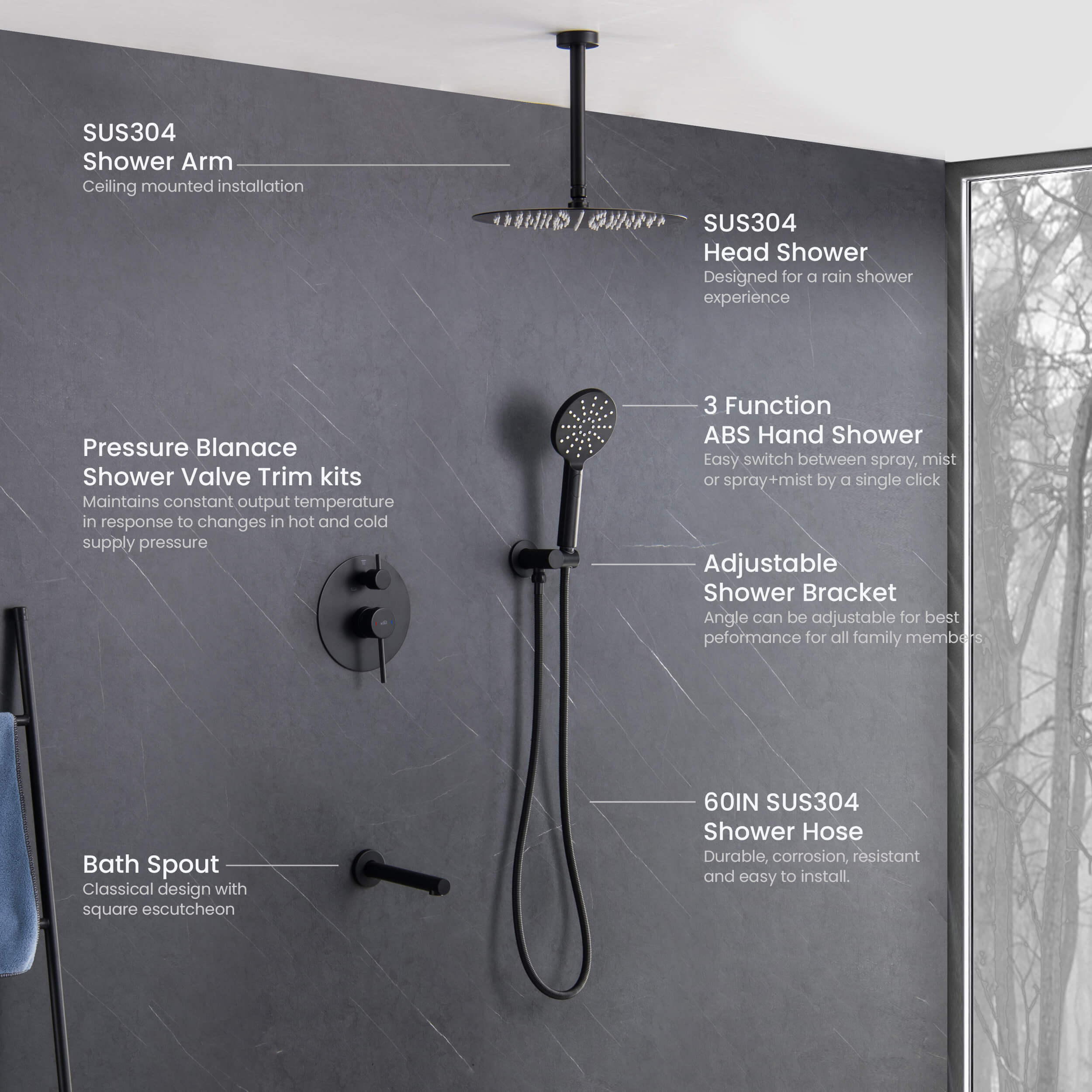 Circular Pressure Balanced Ceiling Mounted 3-Function Shower System with Rough In Valve - KSF409