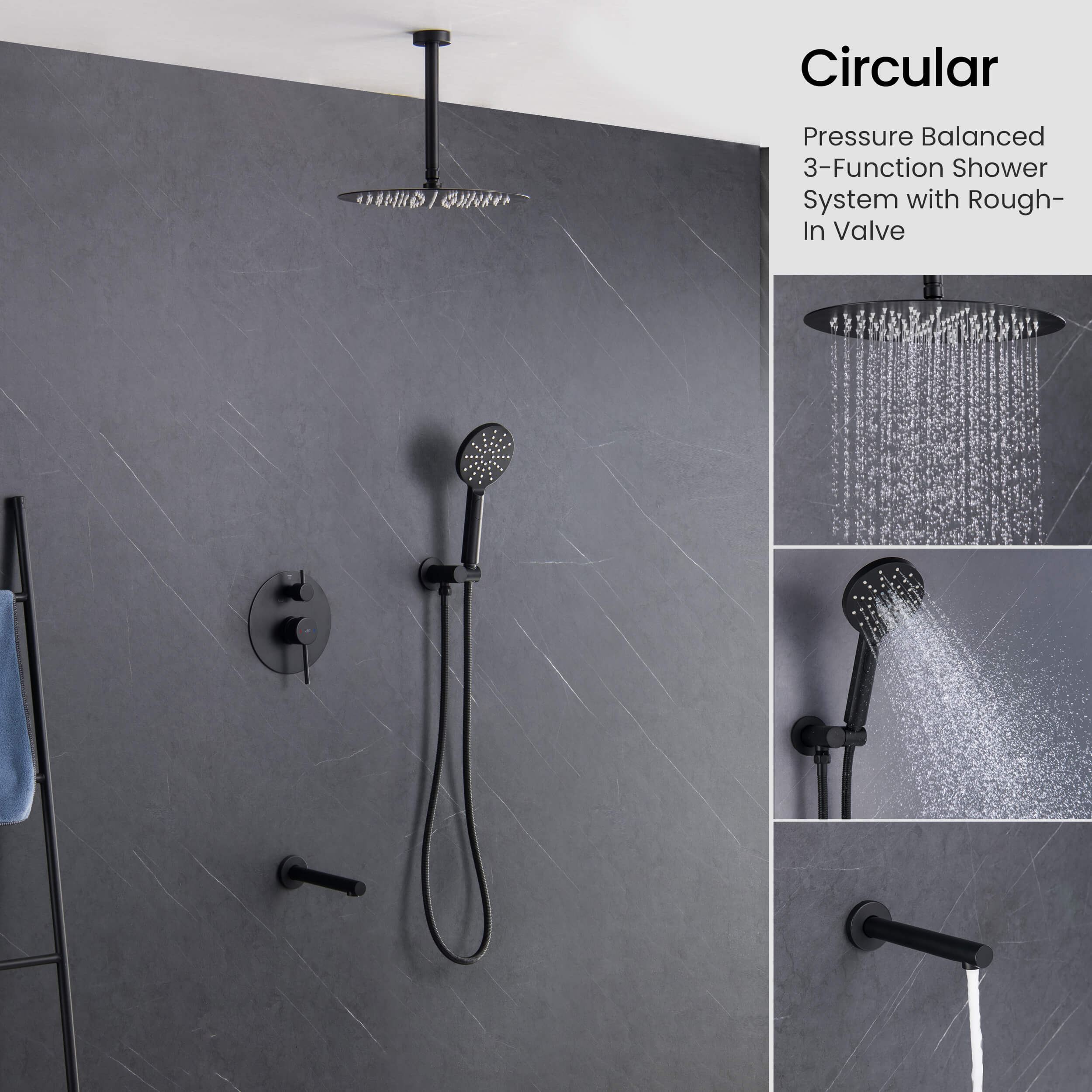 Circular Pressure Balanced Ceiling Mounted 3-Function Shower System with Rough In Valve - KSF409