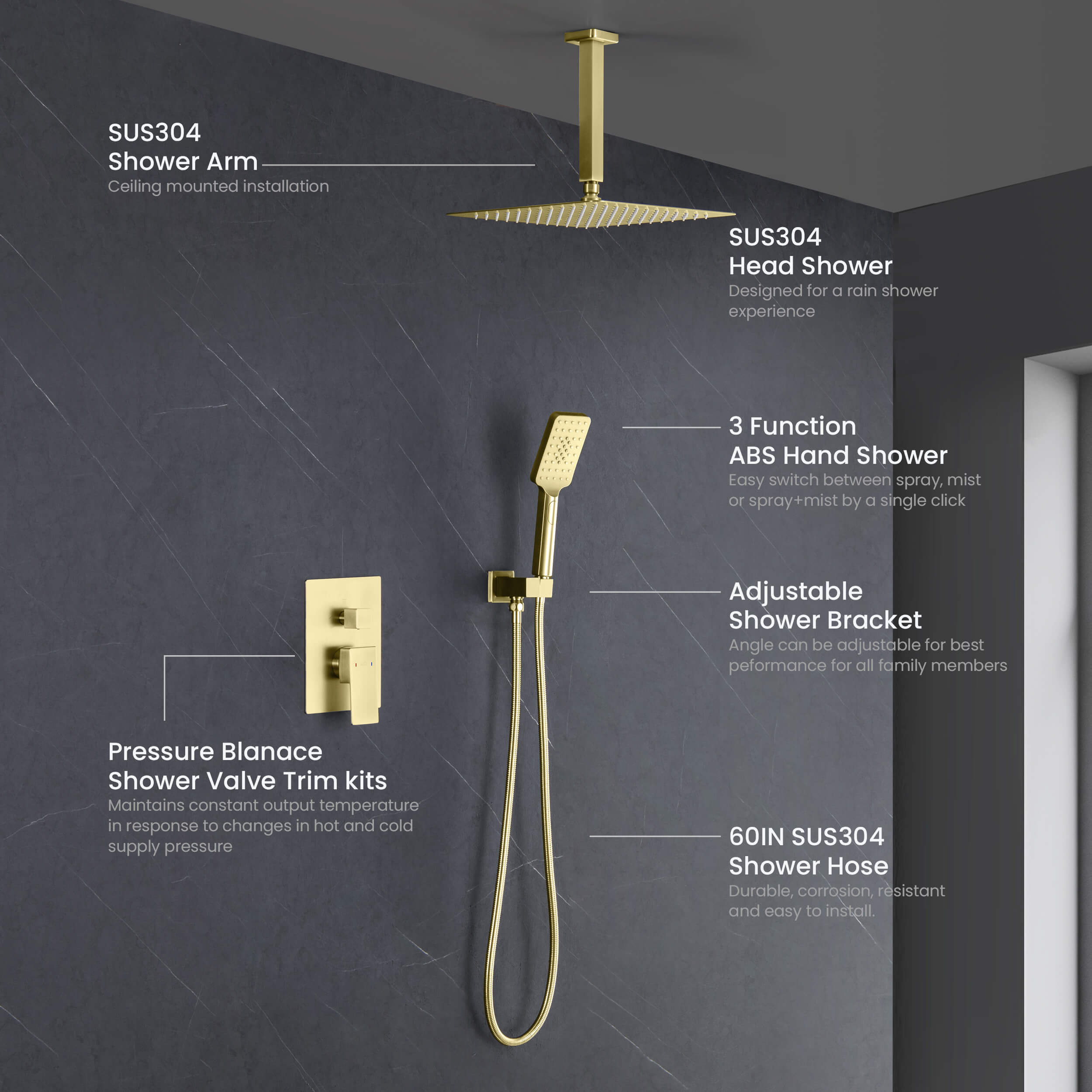 Cube Pressure Balanced Ceiling Mounted 2-Function Shower System with Rough In Valve - KSF412