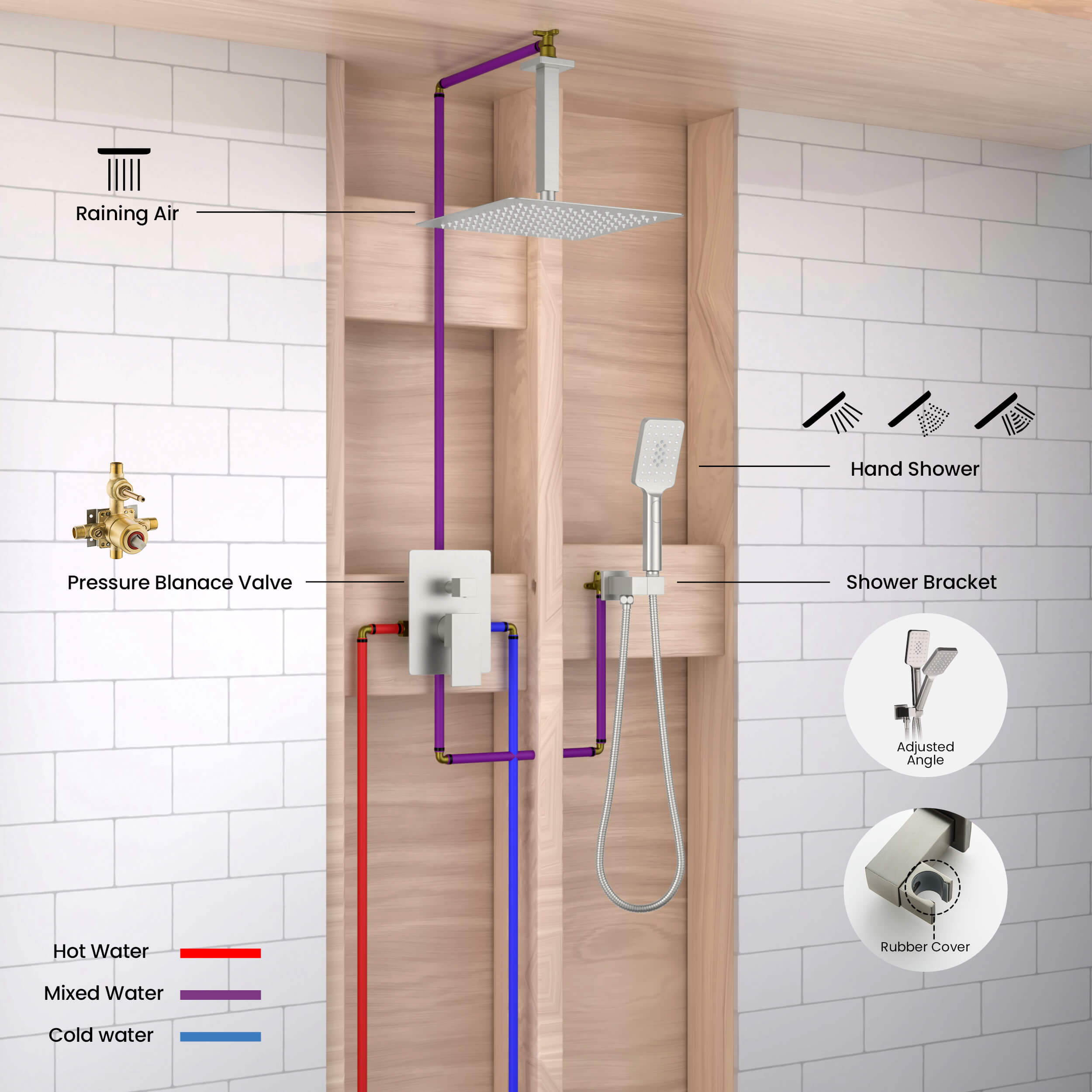 Cube Pressure Balanced Ceiling Mounted 2-Function Shower System with Rough In Valve - KSF412