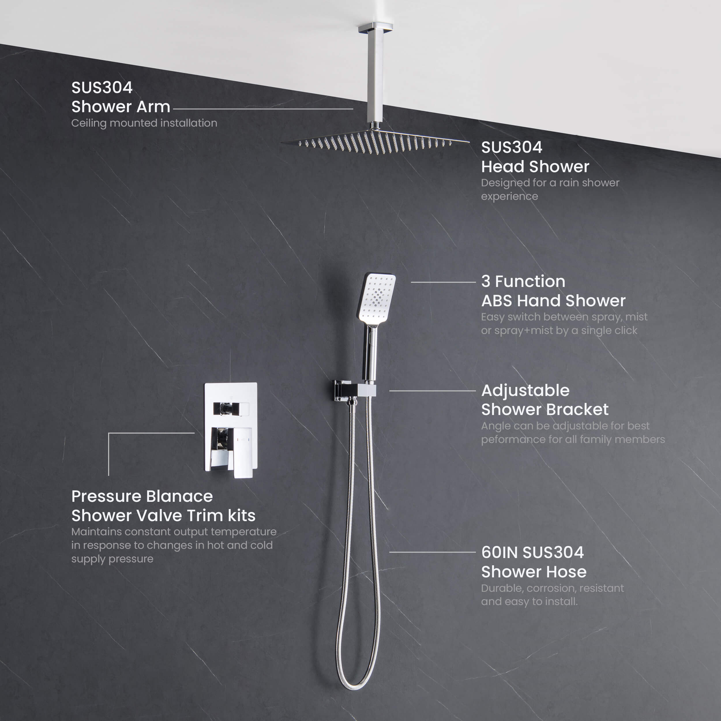 Cube Pressure Balanced Ceiling Mounted 2-Function Shower System with Rough In Valve - KSF412