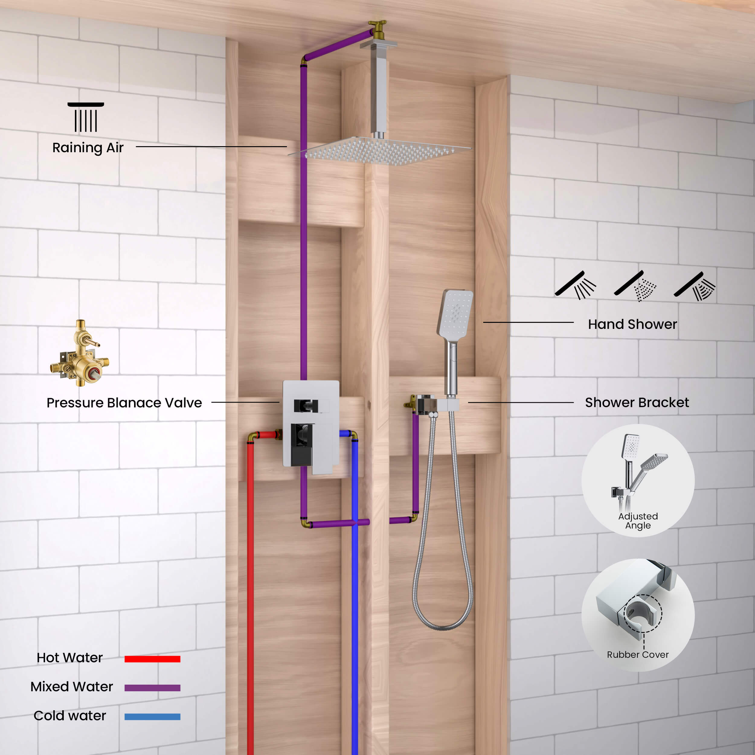 Cube Pressure Balanced Ceiling Mounted 2-Function Shower System with Rough In Valve - KSF412