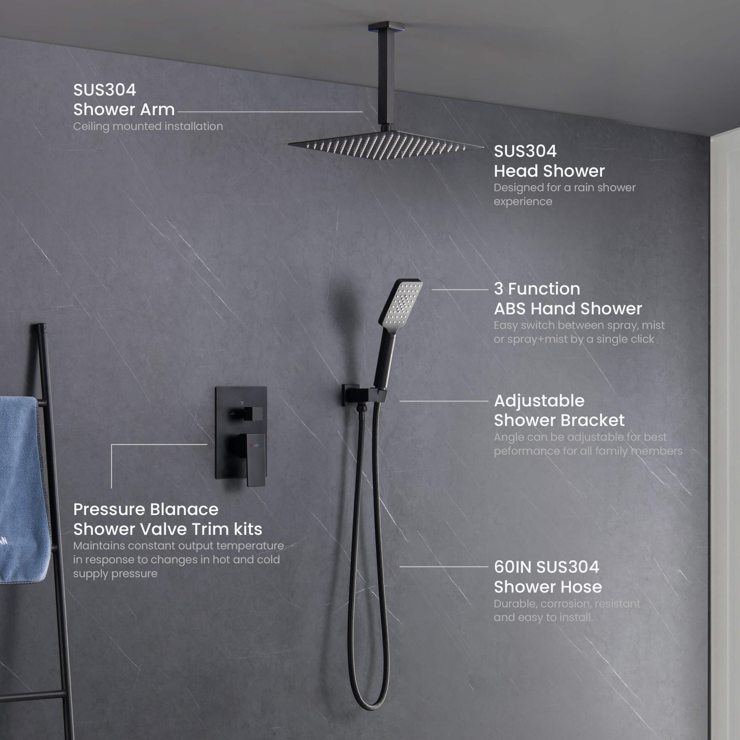 Cube Pressure Balanced Ceiling Mounted 2-Function Shower System with Rough In Valve - KSF412