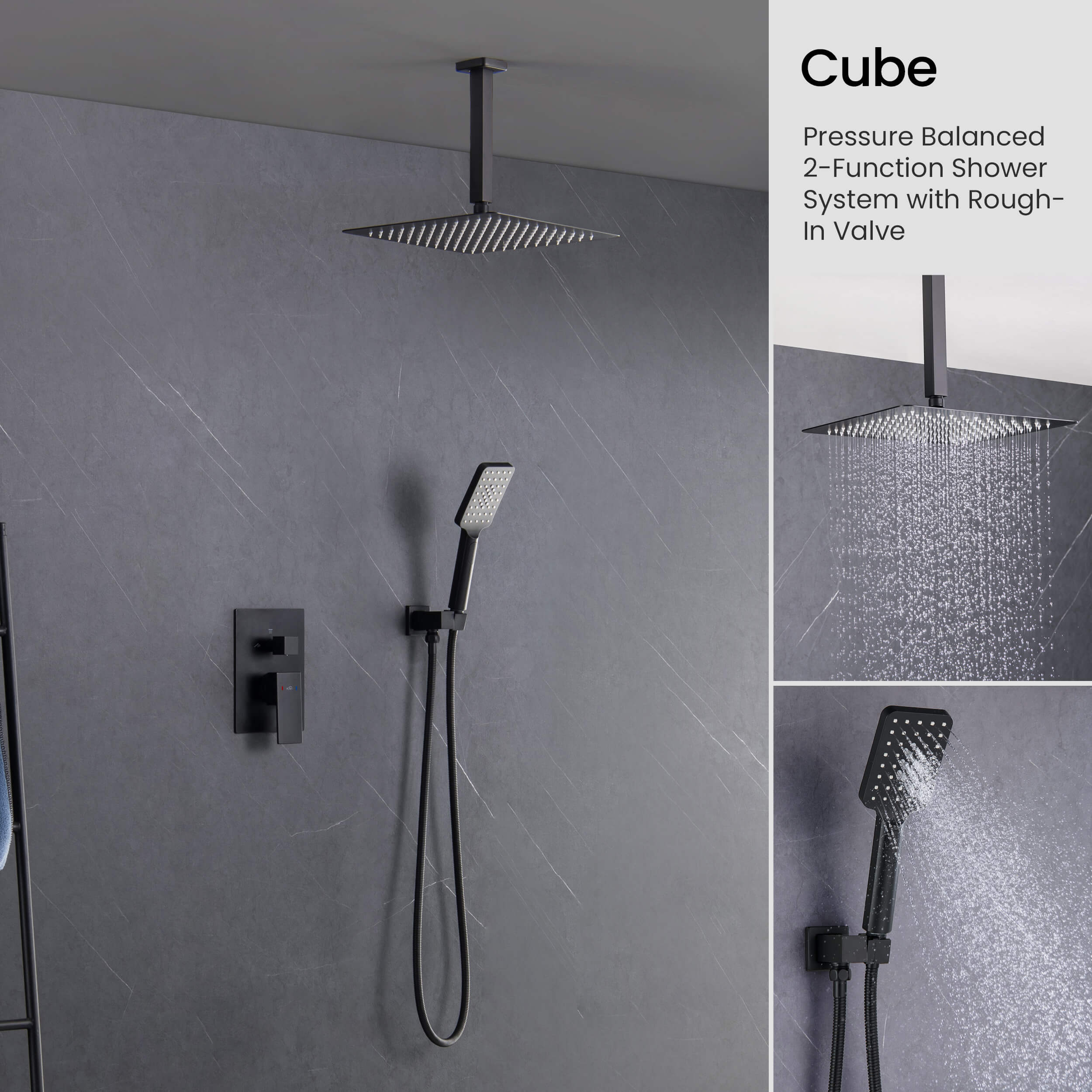 Cube Pressure Balanced Ceiling Mounted 2-Function Shower System with Rough In Valve - KSF412