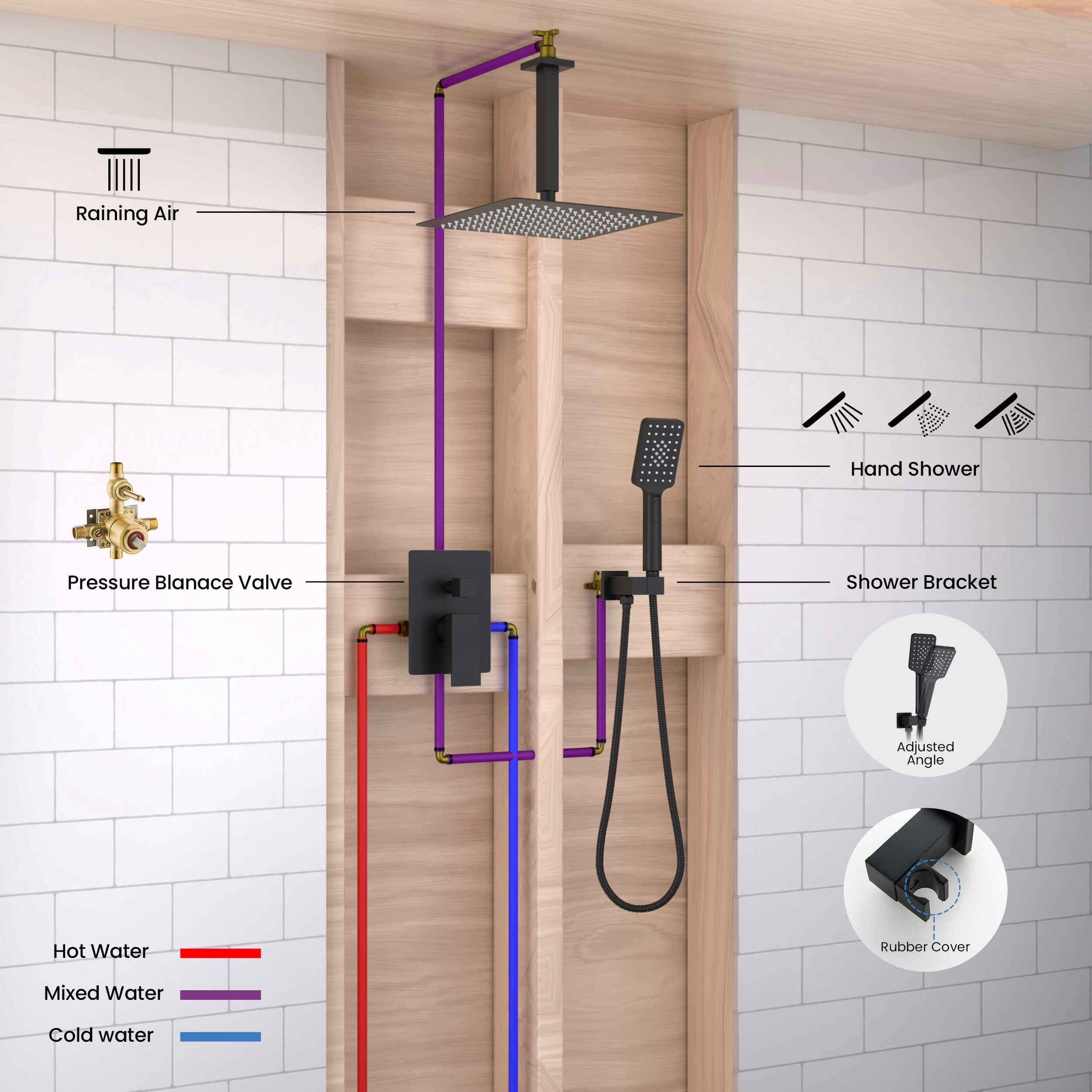 Cube Pressure Balanced Ceiling Mounted 2-Function Shower System with Rough In Valve - KSF412