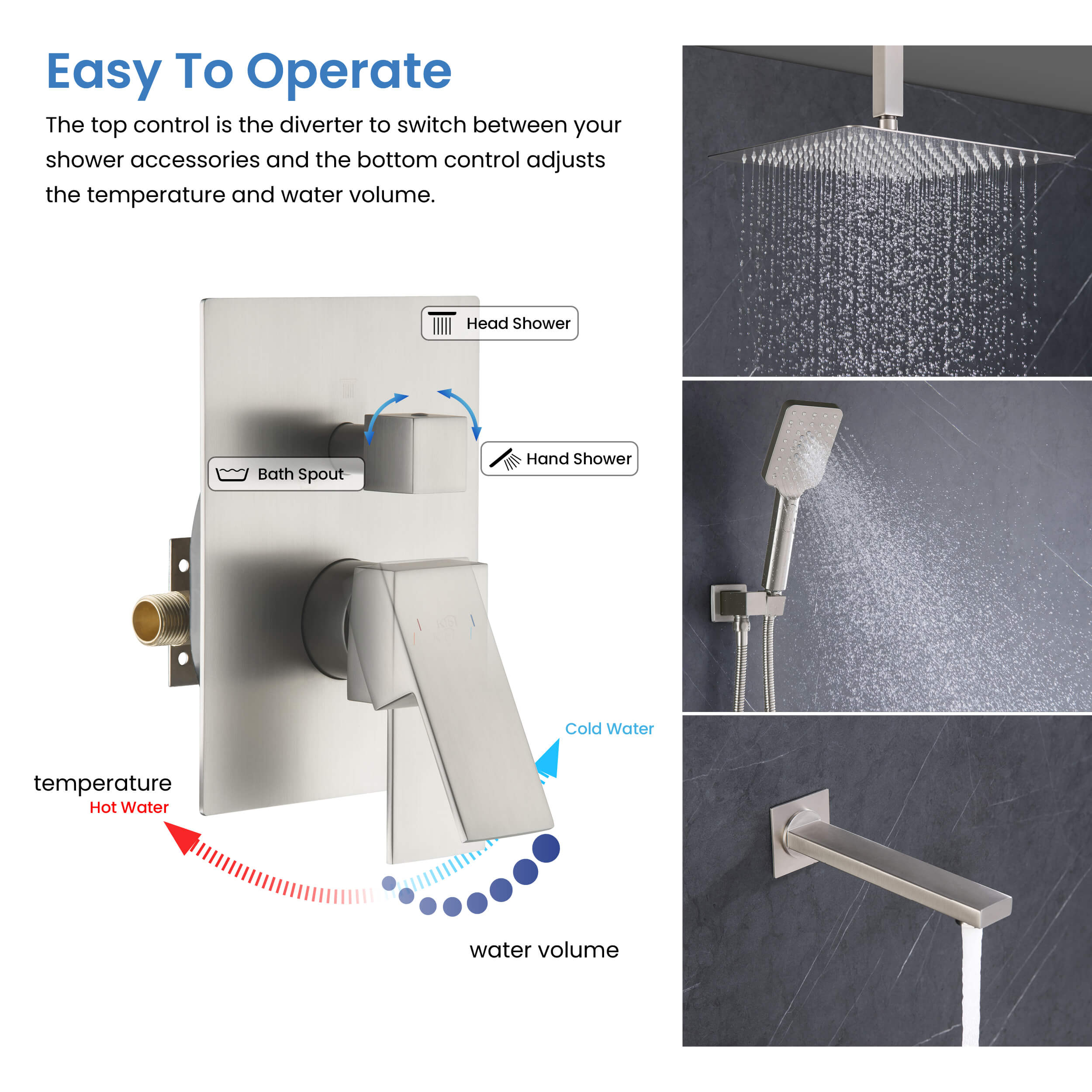 Cube Pressure Balanced Ceiling Mounted 3-Function Shower System with Rough In Valve - KSF413