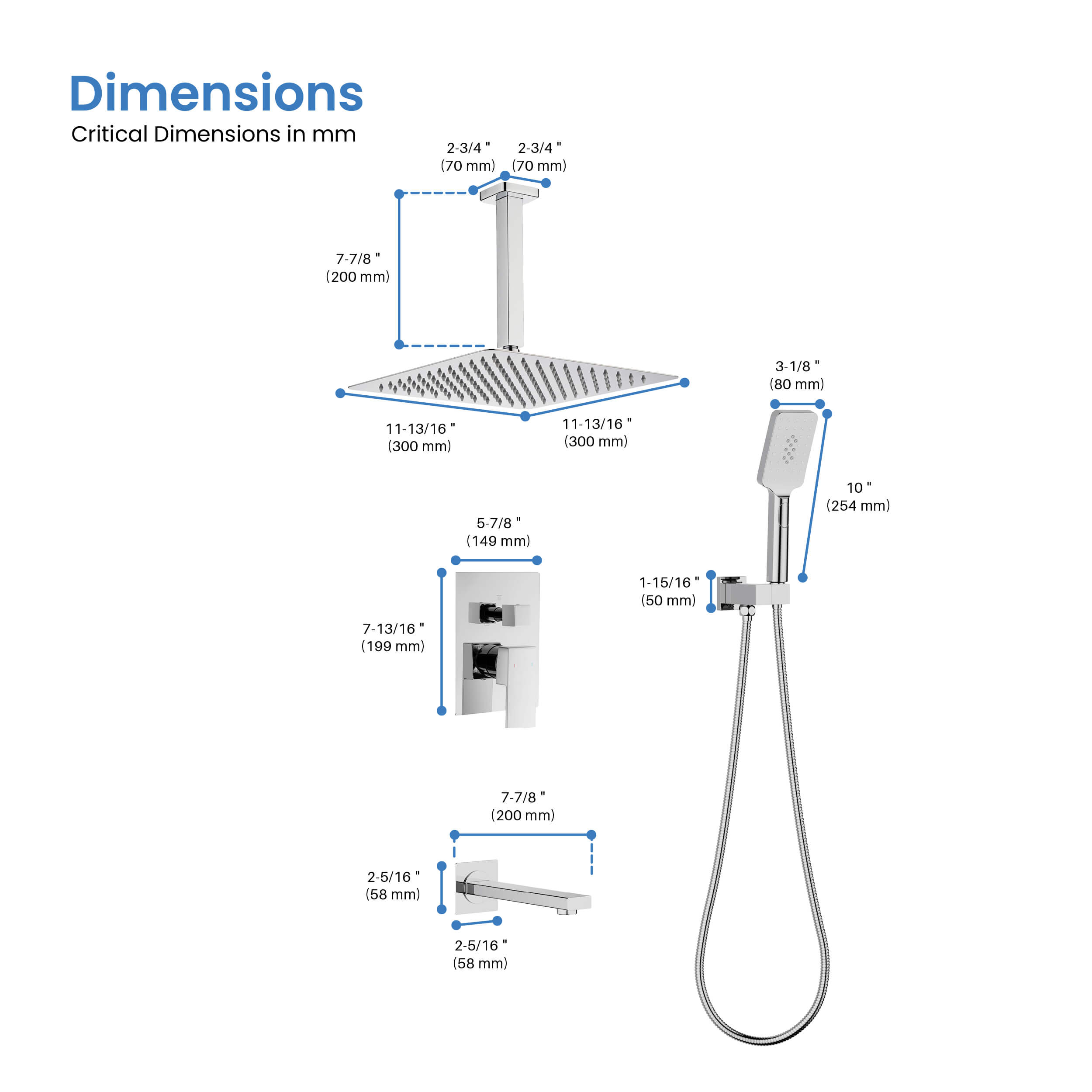 Cube Pressure Balanced Ceiling Mounted 3-Function Shower System with Rough In Valve - KSF413