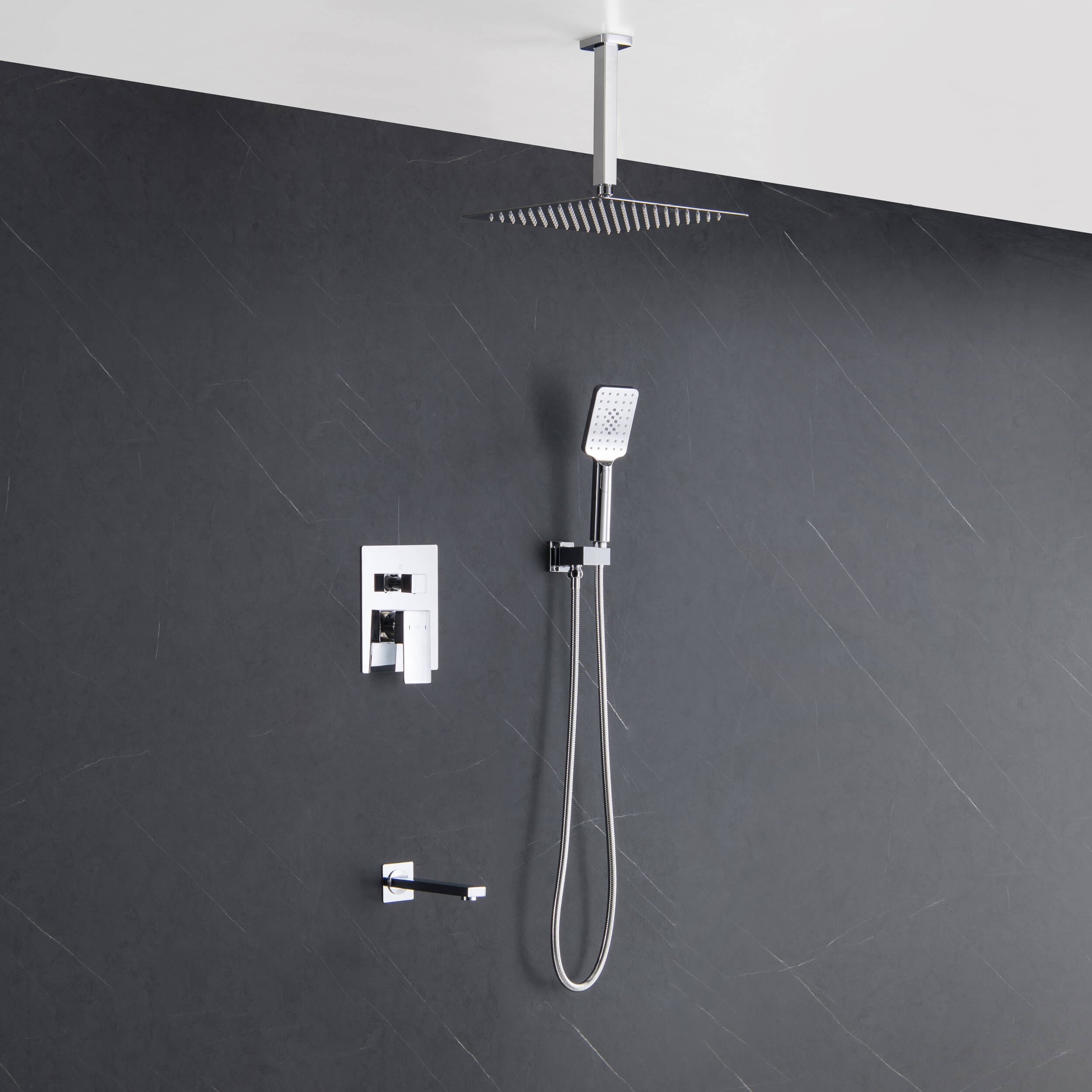 Cube Pressure Balanced Ceiling Mounted 3-Function Shower System with Rough In Valve - KSF413