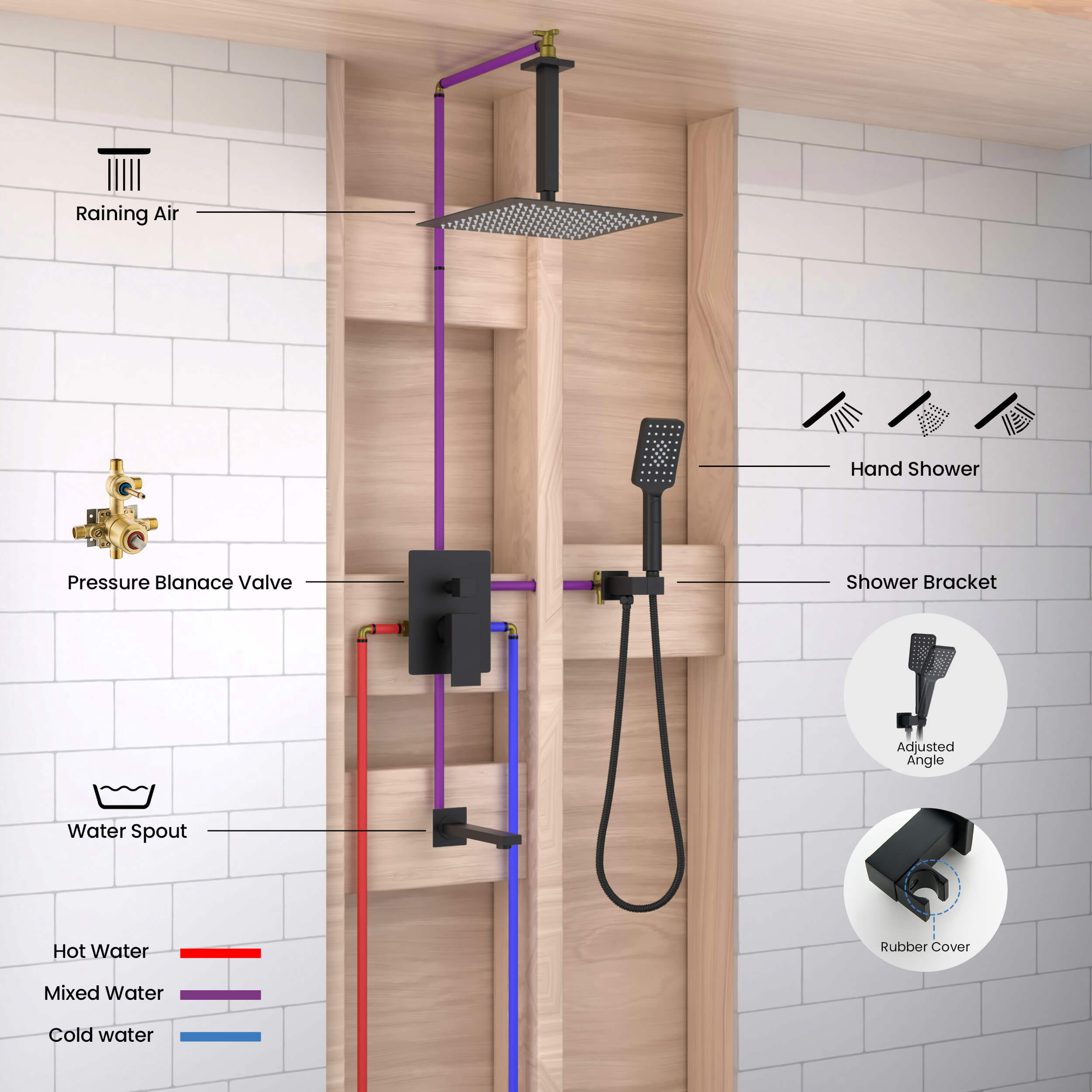 Cube Pressure Balanced Ceiling Mounted 3-Function Shower System with Rough In Valve - KSF413