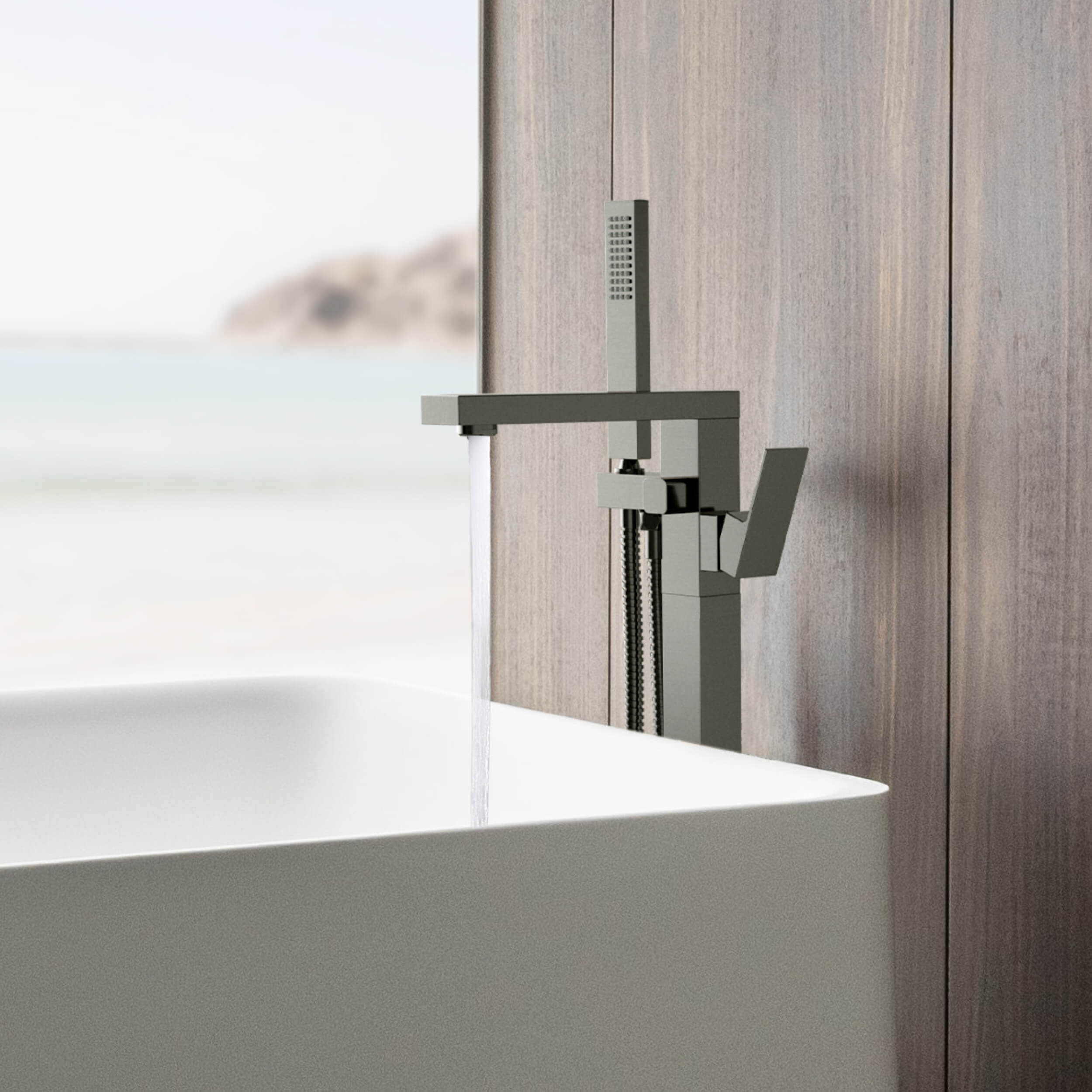 Cube Floor Mount Tub Filler With Hand Shower KTF302