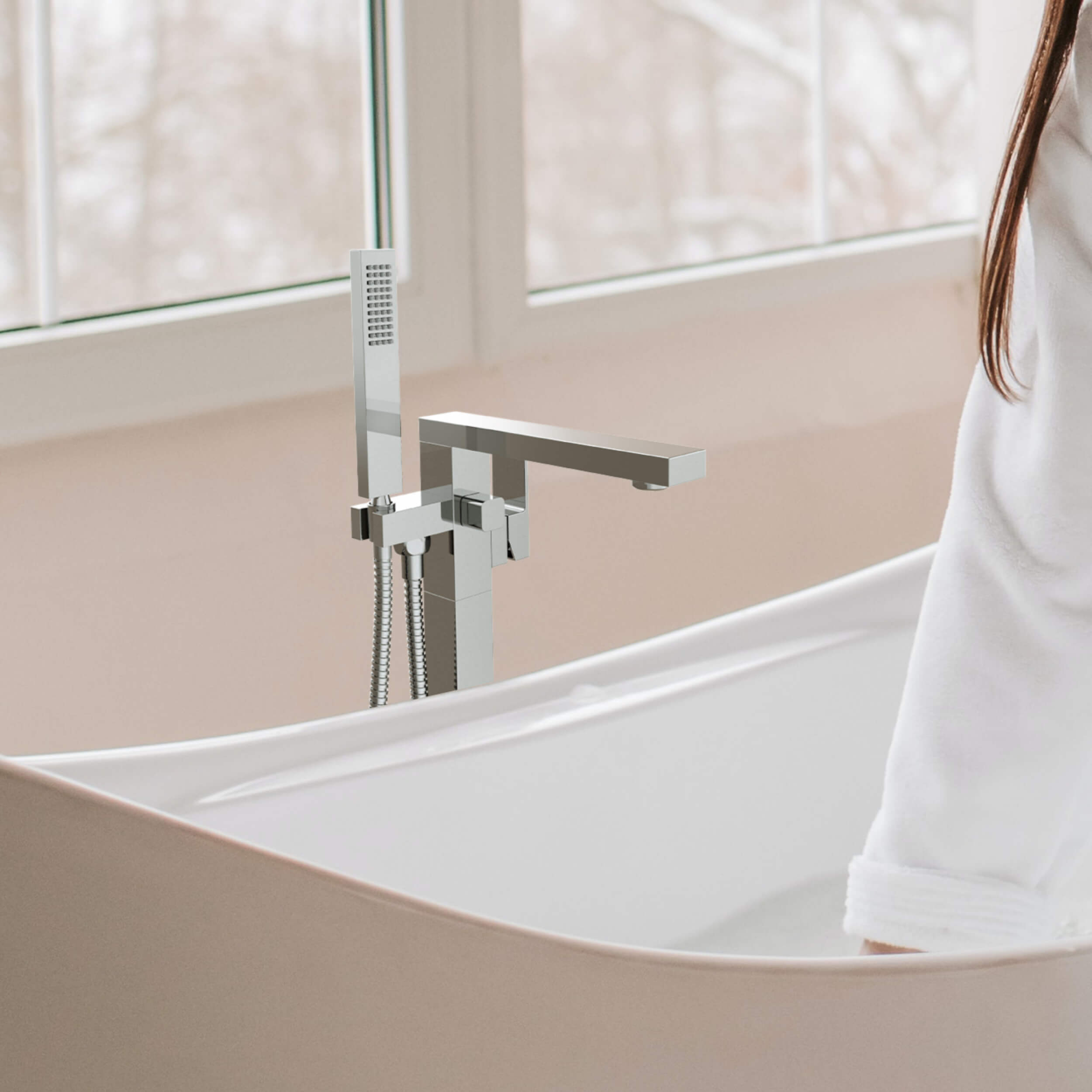 Cube Floor Mount Tub Filler With Hand Shower KTF302