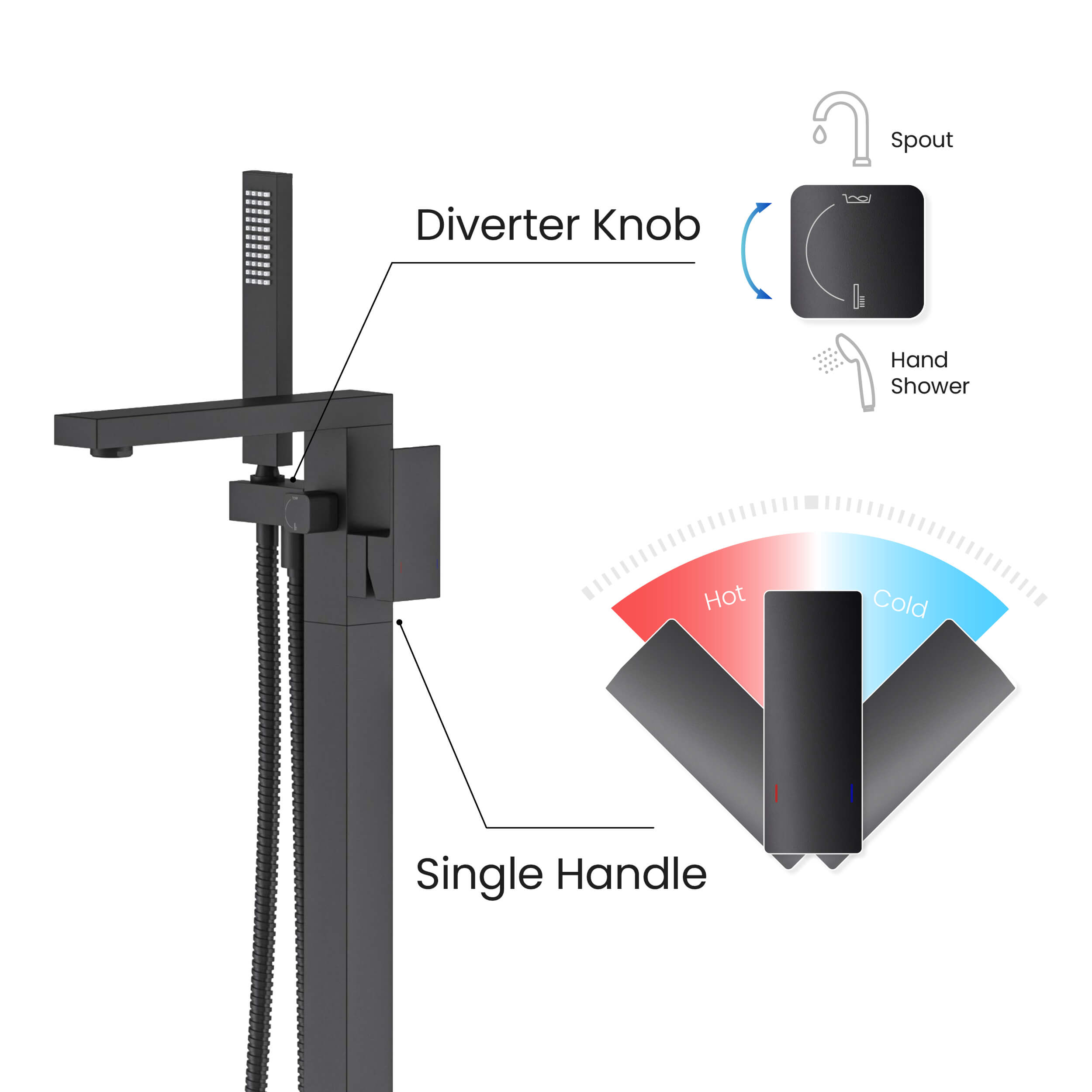 Cube Floor Mount Tub Filler With Hand Shower KTF302